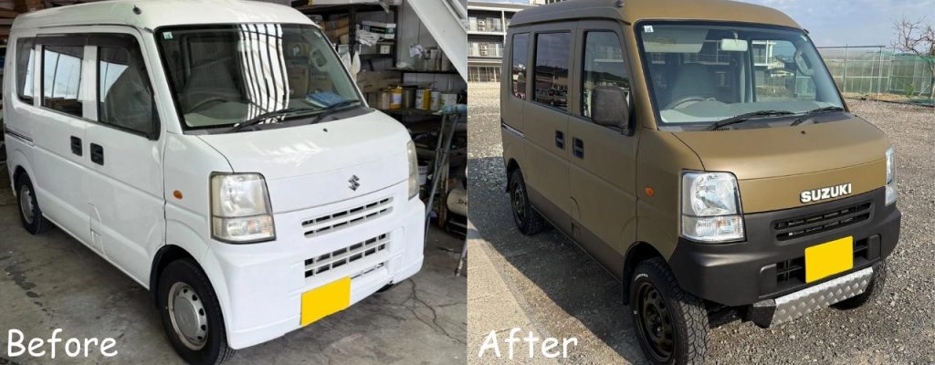 サンドカーキでエブリイを刷毛塗り全塗装された事例